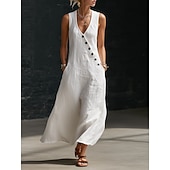  abito lungo da donna in cotone e lino, prendisole, abito a trapezio, abito svasato, vacanza, casual, boho, quotidiano, spiaggia, festa, vestibilità ampia, tinta unita, senza maniche, scollo a V, nero,