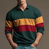 abordables Men's Rugby Polo-Hombre Bloque de color Rayas Polo de rugby Manga Larga Camisas de polo Camisas con cuello Casual Exterior Ropa Deportiva Impresión 3D Primavera Otoño Marrón oscuro Morado Verde Trébol