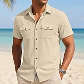 cheap Men's Work Shirts-Men's Shirt Casual Shirt Corduroy Shirt Button Up Shirt Black White Yellow Navy Blue Brown Short Sleeve Solid Color Plain Textured Shirt Collar Casual Daily Front Pocket Clothing Apparel Elegant
