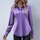 baratos Blusas Simples-Mulheres Camisa Social Blusa de cetim Saia camisa de botão Côr Sólida Tecido Elegante Moda Casual Manga Longa Aberto para a Lateral Tops regulares Diário Escritório Trabalho Preto Rosa Vermelho Roxo
