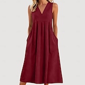 economico Abiti Falsi Essenziali-Per donna Normale Abito lungo maxi Finto cotone e lino Abito a Tubino Vestito Estivo Elegante Tropicale Festa Senza maniche Casa Lavoro Feste Vestibilità regolare Tinta unica Senza Maniche Scollo a V