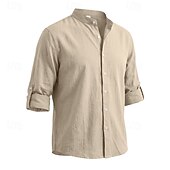 economico Classico-Per uomo Camicia Camicia di lino Camicia Estiva Abbigliamento da spiaggia Camicia con colletto alla coreana Camicia con Bottoni Semplice Casuale Vacanza Blu Nero Bianco Cachi Manica Lunga Colletto a
