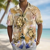 abordables Impresión del océano-Hombre Brújula tortugas Criaturas del mar camisa hawaiana Abotonar la camisa Manga Corta Hawaiano Vacaciones Ropa de playa Verano Primavera Cuello Vuelto Impresión 3D camisas con cuello Azul Piscina