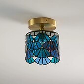 baratos Montagem Embutida &amp; Montagem Semi Embutida-Luminária de teto retrô com vitral azul cilíndrico em vidro com padrão de água, ideal para ilha de cozinha. Luminária de teto vintage ajustável em latão.