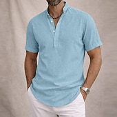 economico Classico-Per uomo Camicia Camicia di lino Camicia popover Camicia Estiva Abbigliamento da spiaggia Camicia con colletto alla coreana Semplice Casuale Quotidiano Blu Nero Bianco Giallo Manica Corta Collo alla
