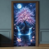 baratos Banners de Garagem e Porta-Árvore da vida, lua cheia gigante, raízes brilhantes, paisagem noturna mística, banner de porta, tapeçaria de parede, decoração para casa, decoração de porta de entrada, decoração de hall de entrada,
