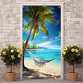 cheap Garage &amp; Door Banners-Scenic Coastal Sea View Sailboat Yacht on Turquoise Water with Rocky Cliff and White Flowers Beach Door Banner Cover Wall Tapestry for Home Interior Wall Decoration Front Door Entryway