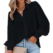 baratos Blusas Simples-Mulheres Camisa Social Camisa casual camisa de botão Blusa Franzido Botões Côr Sólida Tecido Elegante Férias Moda Manga Longa Manga lanterna Aberto para a Lateral Tops regulares Diário Praia Feriado