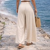 cheap Wide Leg &amp; High Waisted-Women's Trousers Casual Pants Summer Pants Beach Pants Vacation Fashion Casual Daily Full Length Mid Waist Solid Color Plain Wide Leg Comfort Soft Breathable Inelastic Streetwear Beach Holiday Blue