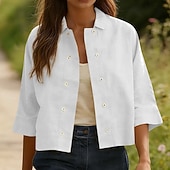 baratos Camisas-Mulheres Camisa Social Camisas com toque de linho Camisa casual camisa de botão Botões Côr Sólida Férias Vintage Moda Meia Manga Aberto para a Lateral Tops regulares Diário Feriado Roupa de Praia
