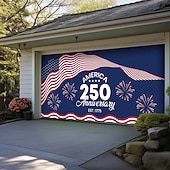 cheap Garage &amp; Door Banners-4th of July 2026 250th Memorial Day Anniversary 1775 Wavy American Flag Stars Stripes Fireworks Garage Door Banner Patriotic Outdoor Decoration Independence Day 4th of July Celebration Mural Backdrop