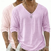  Camiseta de lino para hombre, 2 piezas, manga larga, cuello en V, verano, primavera &Conjunto de 2 piezas liso para verano, color liso, para uso diario, estilo urbano, informal, para exteriores, color