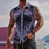 preiswerte Vintage Hemd-Herren Barock- Schnörkelwerk Komplizierte Blumen Hemd Knopfhemd Ärmelloses Shirt Ärmellos Gothic Style Vintage-Retro Outdoor Lässig Sommer Frühling Umlegekragen 3D-Druck Zwei Fronttaschen Blau Wei