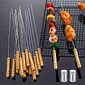 voordelige Grills voor buiten koken-20 stuks barbecuespiesen, multifunctionele roestvrijstalen spiesen met houten handvatten, barbecueprikkers, benodigdheden voor buitenkoken en barbecueën van kippenvleugels en ander vlees.