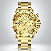 abordables Quartz Watches-Men's Gold Watch, Luxury Chronograph Big Face Quartz Analog Wristwatch with Gold Stainless Steel Band, Waterproof Luminous Business Sport Fashion Watch with Date Display, Gift for Men