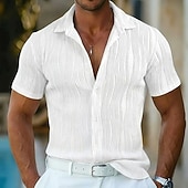 cheap Men's Button Up Shirts-Men's Shirt Summer Shirt Casual Shirt Button Up Shirt Jacquard Shirt Blue Black White Green Short Sleeve Lines / Waves Textured Collar Casual Daily Jacquard Clothing Apparel Fashion Casual Comfortable