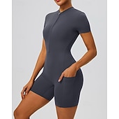 economico Set e Tutine-Per donna Tute da allenamento Tutina Tasca Cerniera Frontale Tinta unica Body Estate Primavera Autunno Bianco latte Nero Corsa Fitness Yoga Sollevamento glutei Asciugatura Rapida Elastico Manica Corta