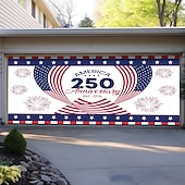 cheap Garage &amp; Door Banners-4th of July 2026 250th Memorial Day Anniversary 1775 Wavy American Flag Stars Stripes Fireworks Garage Door Banner Patriotic Outdoor Decoration Independence Day 4th of July Celebration Mural Backdrop