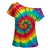 preiswerte Oberteile-Retro Vintage 1980er T-Shirt Ein-Schulter Kurze Ärmel Hippie Disco Tie Dye Print Kostüm Damen Halloween Karneval Musikfestival Retro-Mottoparty Erwachsene T-shirt