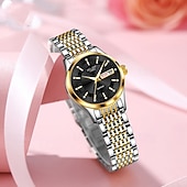 voordelige Quartz-horloges-Luxe dameshorloge, tweekleurige goud-zilveren roestvrijstalen band, lichtgevende wijzers met datum- en dagweergave, elegante zwarte wijzerplaat met diamanten accenten, een stijlvol polshorloge voor