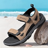 billige Uformelle sandaler-Beige herresandaler med åpen tå og borrelås – polstret såle, pustende design, perfekt for strand, feriested og fritidsbruk om sommeren.