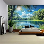preiswerte Wandteppiche-Natur, Wald, See und Sonnenlicht – realistische 3D-Landschaft, Wandteppiche mit grünen Bäumen und blauem Himmel, sommerliche Landschaft, ideal für Schlafzimmer, Wohnzimmer, Homeoffice.