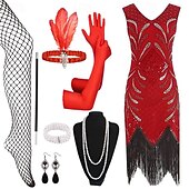 economico Abiti degli anni '20-Set Anni Ruggenti Anni 1920 Lunghezza al ginocchio Vestito Abito Flapper Abiti con accessori Senza maniche Il grande Gatsby Charleston Taglie Forti Frangia con nappe Scollo a V Costume Per donna