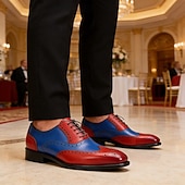 voordelige Klassieke Dress Schoenen-Geklede herenschoenen met vleugelneus van echt leer – premium rundleer, tweekleurig rood en blauw, elegante oxfordstijl, comfortabele formele schoenen voor heren, perfect voor bruiloften, feesten en kantoor.