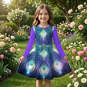 preiswerte 3D Shining Vision Kleid-Mädchen' 3D Grafik Pfau Kleid Langarm 3D-Druck Frühling Herbst Täglich Urlaub Party Lässig Prinzessin Schön Kinder 4-12 Jahre Freizeitkleid A Linie Kleid Knielang Normale Passform