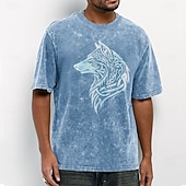  Herren-T-Shirt mit keltischem Knotenmuster, Wolfskopf-Silhouette und Acid-Wash-Vintage-Streetwear-Look, Kurzarm, lässig, für den Alltag, Designer-Kleidung, Größen S, M, L, XL, XXL, XXXL