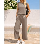 abordables Survêtements-Femmes Ensembles de survêtements à enfiler Survêtement 2 pièces Tenues de détente Cordon de serrage avec poche Couleur Unie Ensemble de vêtements de sport Été Printemps Bleu marine Noir Entraînement