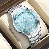 ieftine Ceasuri Quartz-Ceas bărbătesc cu cuarț, ceas de mână analogic din oțel inoxidabil impermeabil cu cadran albastru deschis turcoaz, design în stil scafandru cu dată mărită, ceas de mână business casual la modă pentru