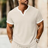 お買い得  ベーシックTシャツ-男性用 ワッフルTシャツ Tシャツ 半袖シャツ ティートップ 半袖 Ｖネック 夏 春 純色 ストリートファッション スタイリッシュ カジュアル パッチワーク 日常 アウトドア ストリートウェア ワイン メンズトップTシャツ