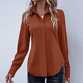 baratos Blusas Simples-Mulheres Camisa Social Blusa de cetim Saia camisa de botão Côr Sólida Tecido Elegante Moda Casual Manga Longa Aberto para a Lateral Tops regulares Diário Escritório Trabalho Preto Rosa Vermelho Roxo