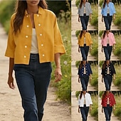 baratos Camisas-Mulheres Camisa Social Camisas com toque de linho Camisa casual camisa de botão Botões Côr Sólida Férias Vintage Moda Meia Manga Aberto para a Lateral Tops regulares Diário Feriado Roupa de Praia