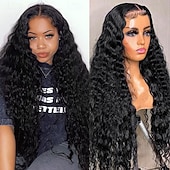 baratos Perucas de seda frontais de cabelo natural-Peruca frontal de renda transparente 13x4 com ondas profundas, cabelo humano, tamanhos de 14 a 28 polegadas para mulheres.