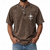 abordables Винтаж и ретро-SoftFade™ Men's Demin Shirt 100% Cotton Acid Wash Shirt Henley Top Short Sleeve Vintage Distressed Casual Home Street Summer Spring Black Pink Light Green Gray Light Blue Stand Collar Henley