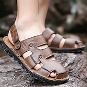 abordables Sandalias casuales-Sandalias de cuero negras con correa ajustable para hombre: transpirables, ligeras, cómodas para exteriores y uso informal de verano.