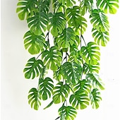 abordables Plantas y Vegetación Artificial-Paquete de 4 enredaderas colgantes artificiales, hojas de monstera falsas, hiedra, hojas de jungla, plantas de palma tropical, ratán para plantas de interior, hogar, cocina, jardín, pared exterior,