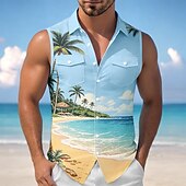 ieftine Print oceanic-Bărbați Ocean Peisaj Mare Cămașă Cămașă hawaiană Cămașă Aloha Fără manșon Stațiune Vacanta la plaja Vară Primăvară Răsfrânt Imprimare 3D Două buzunare în față Cămăși cu nasturi Albastru piscin