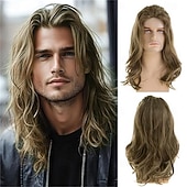 ieftine Peruci Bărbați-peruci lungi blonde pentru bărbați, perucă sintetică ondulată stratificată, pentru cosplay, petrecere
