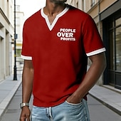  Herren-T-Shirt mit Aufdruck „Menschen vor Profiten“, marineblau, Waffelstrick, V-Ausschnitt, Kurzarm, Grafikprint, normale Passform, lässige Alltagskleidung, Designer-Bekleidung, Größen: S, M, L, XL,