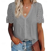 Χαμηλού Κόστους Απλές μπλούζες-Γυναικείο T-shirt 100% βαμβακερό Μπλουζάκι Casual Κουμπωτό Μπλουζάκι Μπλούζα Ραφές Patchwork Eyelet Solid Χρώμα Διακοπών Μόδας Καθημερινά Κοντομάνικα V Λαιμόκοψη Πόλο Κανονικά Μπλούζες Καθημερινές
