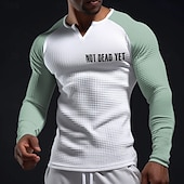 abordables T-shirts de sport et de gym-T-shirt henley raglan à manches longues pour homme, style sportif et motivant, avec slogan « Not Dead Yet » (pas encore mort), coupe ajustée, en maille gaufrée texturée, idéal pour la salle de sport,