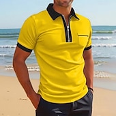 billiga Herrars klassiska polo-Herr Polo Pikétröjor Dagligen Utomhus Tröjkrage Fjärdedels blixtlås Kortärmad Mode Bekväm Slät Lappverk Dragkedja Sommar Skräddarsydd passform Vin Fördjupad grön Svart Vit Gul Marinblå Polo