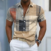 voordelige Geometrisch patroon-Men's Geometric Color Block Patchwork Shirt Button Up Shirt Casual Dress Shirt Short Sleeve Fashion Casual Streetwear Vacation Spring Fall Turndown 3D Print Collared Shirts Blue Purple Green Khaki