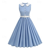 abordables Robes-1950s Retro Vintage Knee Length Dress Swing Dress Flare Dress Normal Sleeveless High Waist Solid Color Fit &amp; Flare Swing Turndown Fancy Dress Women's Event / Party Daily Wear Adults' Dress Belt