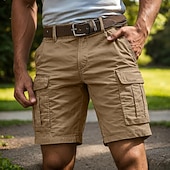 baratos Clássico-Homens Calças de carga Bermuda Cargo Calção Shorts casuais Bolsos Cintura elástica Vários bolsos Tecido Cor Única Comprimento do joelho Casual Ao ar livre Streetwear Moda Roupa de rua Azul Céu Preto