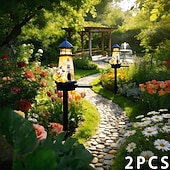 abordables Luces de camino y linternas-2 luces solares de jardín para exteriores, ideales para patios de villas, paisajes, con diseño de faro de resina, impermeables, para césped, jardines, senderos, camping y decoración de fiestas.