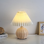 cheap Room Decor Lights-Rattan Wicker Lampshade, Small Table Lampshade, Mini Bedside Lamp For Bedroom, Living Room, Scalloped Lampshade, Side Table, Vintage Aesthetic Pleated Lampshade